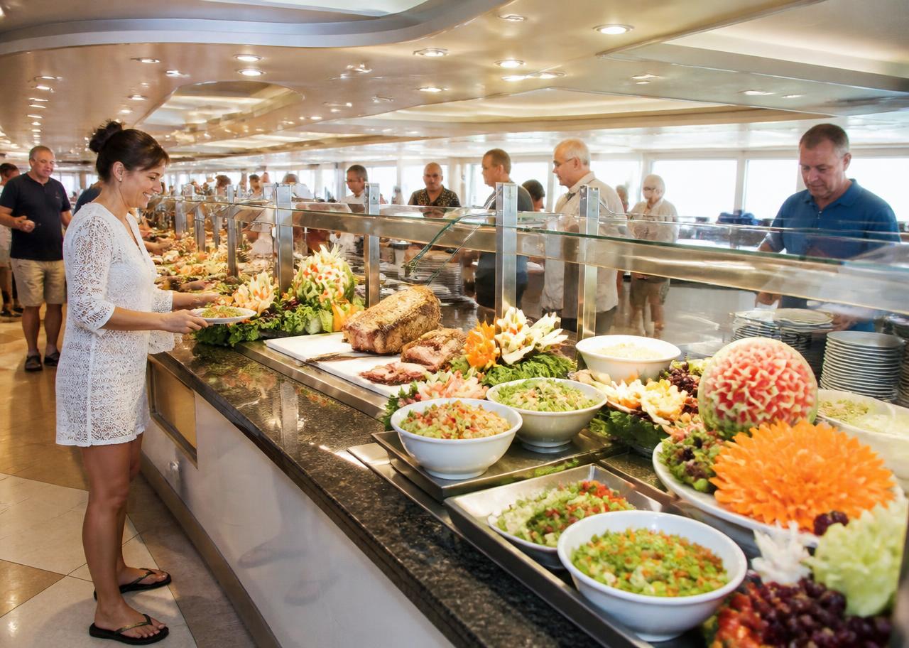 Buffet marketplace with fresh food stations