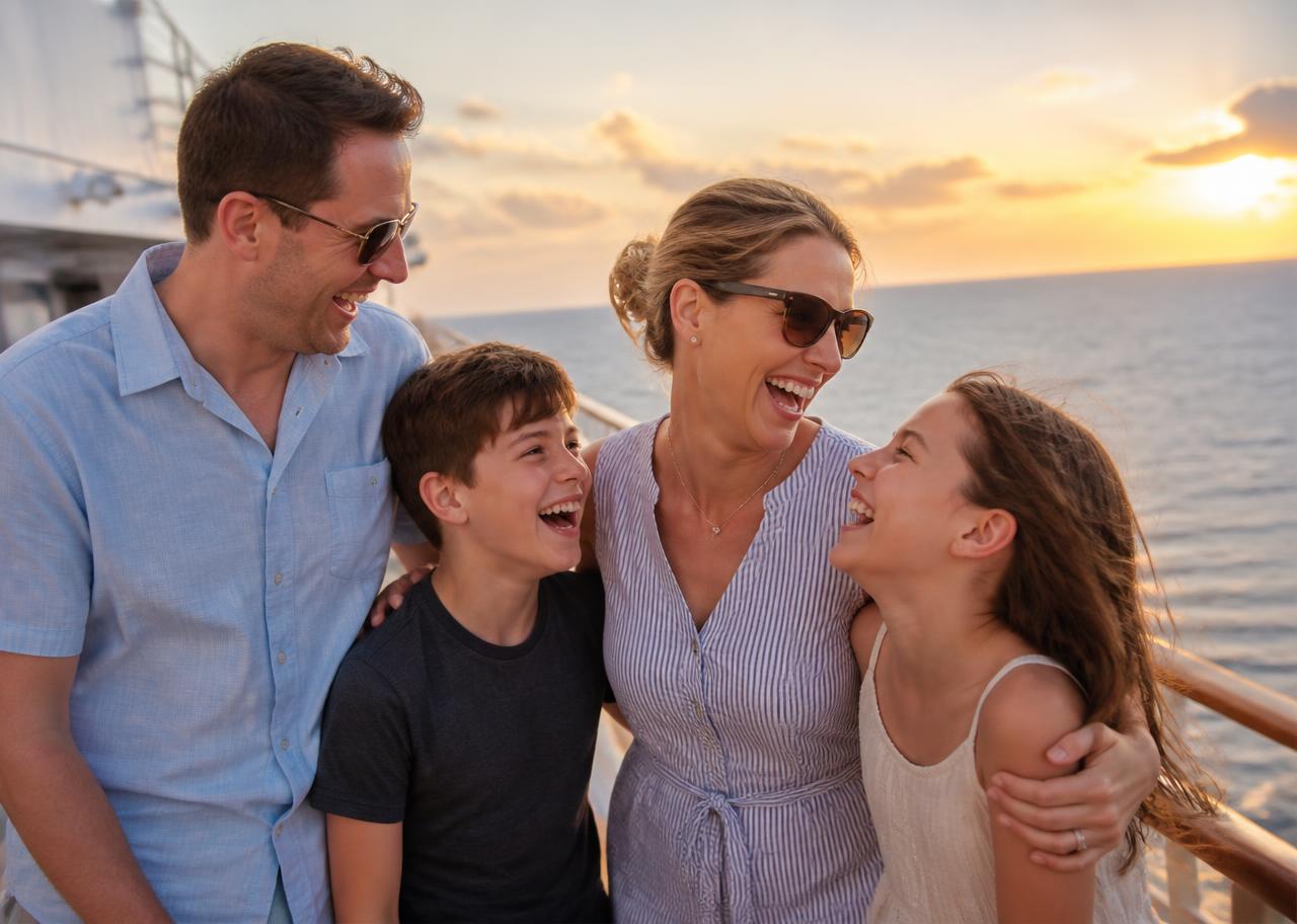 Family laughing together on a cruise ship deck at sunset