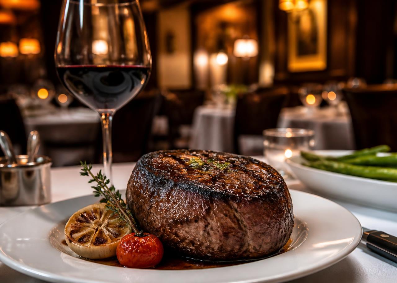 Steak dinner at an upscale onboard steakhouse