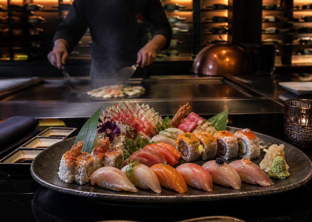 Sushi platter in front of a hibachi grill